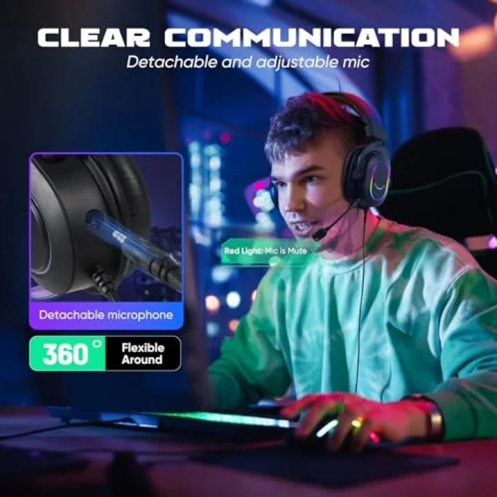Mikrofonlu Oyun Kulaklığı, Kablolu Kulak Üstü Kulaklık, PC PS4 PS5 için USB Kulaklık, 3 EQ Modlu RGB Kulaklık, Surround Ses ve Kulak Yastığı