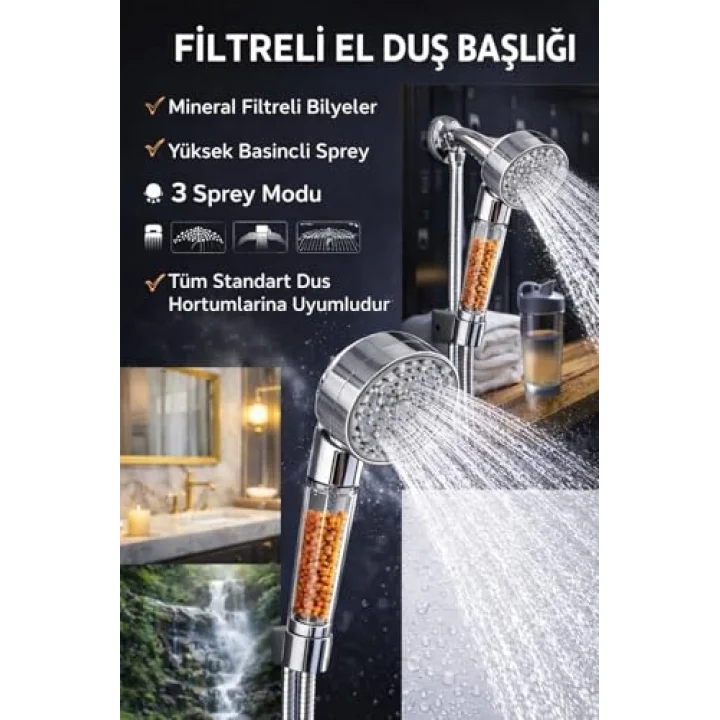 Mineralli Filtreli Duş Başlığı Ve Paslanmaz Çelik Duş Hortumu Seti, Yüksek Basınçlı Su Tasarruflu El Duşu, Kireç Önleyici Banyo Aksesuarı,Filtreli El Tipi Duş Başlığı