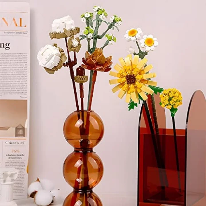 Mini bloklar çiçek buketi yapı setleri, yapay çiçekler, yapı taşları, dekorasyon, ev, 646 adet, yetişkinler için botanik koleksiyonu (pamuk/çam kozalakları/Gerbera/Craspedia)