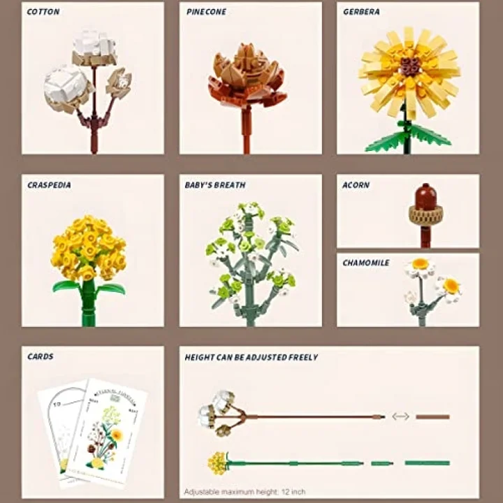 Mini bloklar çiçek buketi yapı setleri, yapay çiçekler, yapı taşları, dekorasyon, ev, 646 adet, yetişkinler için botanik koleksiyonu (pamuk/çam kozalakları/Gerbera/Craspedia)