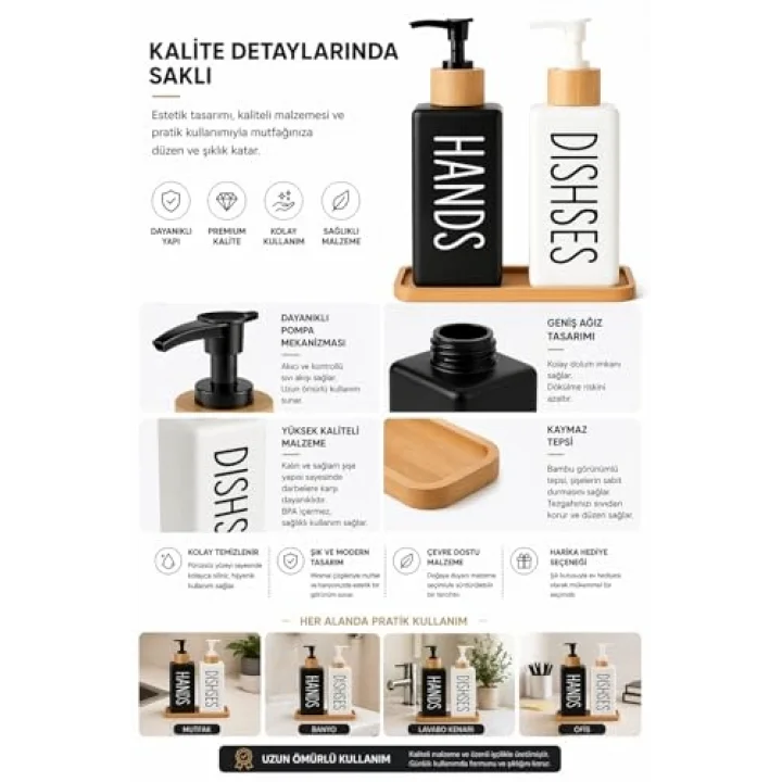 Minimalist Bambu Tepsili Siyah Beyaz Sabunluk ve Deterjan Dispenser Seti, Mutfak, Banyo ve Lavabo İçin Şık, Dayanıklı, Kaymaz Tabanlı, Geniş Ağızlı, Kolay Dolumlu Sıvı Sabunluk & Bulaşık Deterjan Şiş