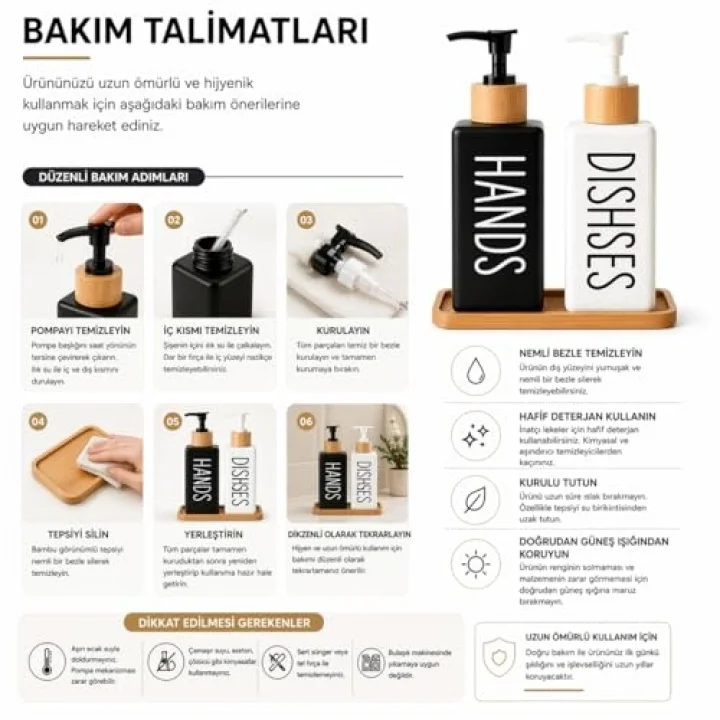 Minimalist Bambu Tepsili Siyah Beyaz Sabunluk ve Deterjan Dispenser Seti, Mutfak, Banyo ve Lavabo İçin Şık, Dayanıklı, Kaymaz Tabanlı, Geniş Ağızlı, Kolay Dolumlu Sıvı Sabunluk & Bulaşık Deterjan Şiş