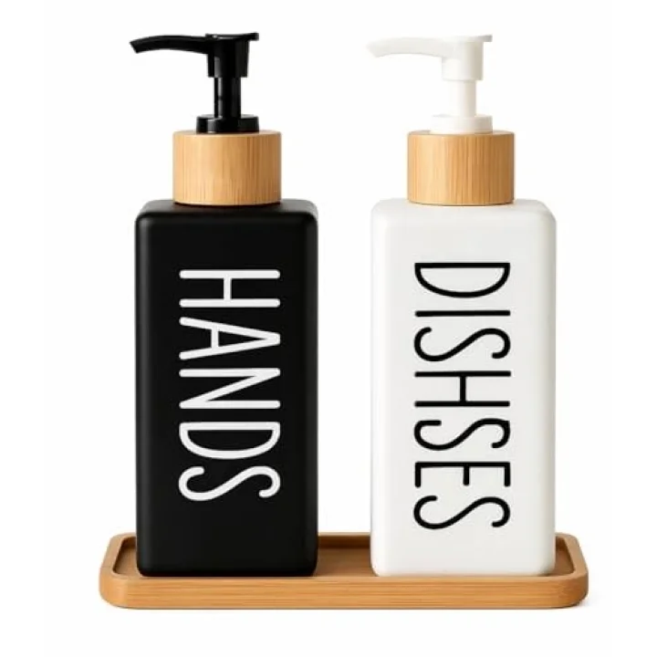 Minimalist Bambu Tepsili Siyah Beyaz Sabunluk ve Deterjan Dispenser Seti, Mutfak, Banyo ve Lavabo İçin Şık, Dayanıklı, Kaymaz Tabanlı, Geniş Ağızlı, Kolay Dolumlu Sıvı Sabunluk & Bulaşık Deterjan Şiş