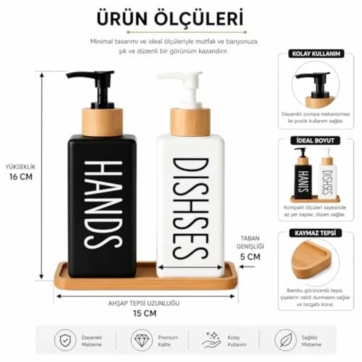 Minimalist Bambu Tepsili Siyah Beyaz Sabunluk ve Deterjan Dispenser Seti, Mutfak, Banyo ve Lavabo İçin Şık, Dayanıklı, Kaymaz Tabanlı, Geniş Ağızlı, Kolay Dolumlu Sıvı Sabunluk & Bulaşık Deterjan Şiş