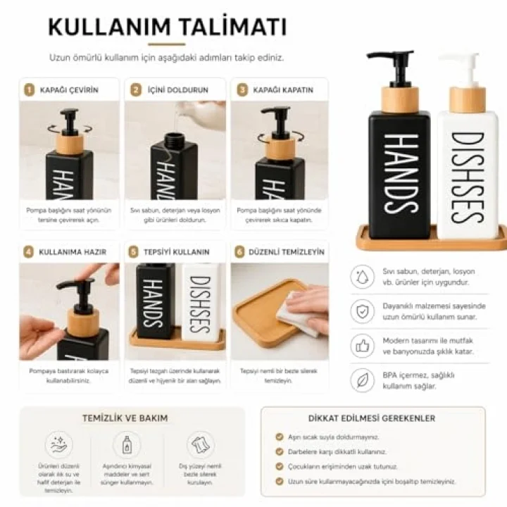 Minimalist Bambu Tepsili Siyah Beyaz Sabunluk ve Deterjan Dispenser Seti, Mutfak, Banyo ve Lavabo İçin Şık, Dayanıklı, Kaymaz Tabanlı, Geniş Ağızlı, Kolay Dolumlu Sıvı Sabunluk & Bulaşık Deterjan Şiş