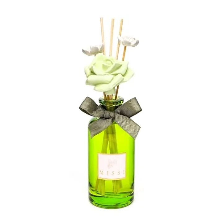 MİSSİ 180 ml Yeşil Cam Şişe Çiçek Bambu Çubuklu White Jasmin Oda Kokusu