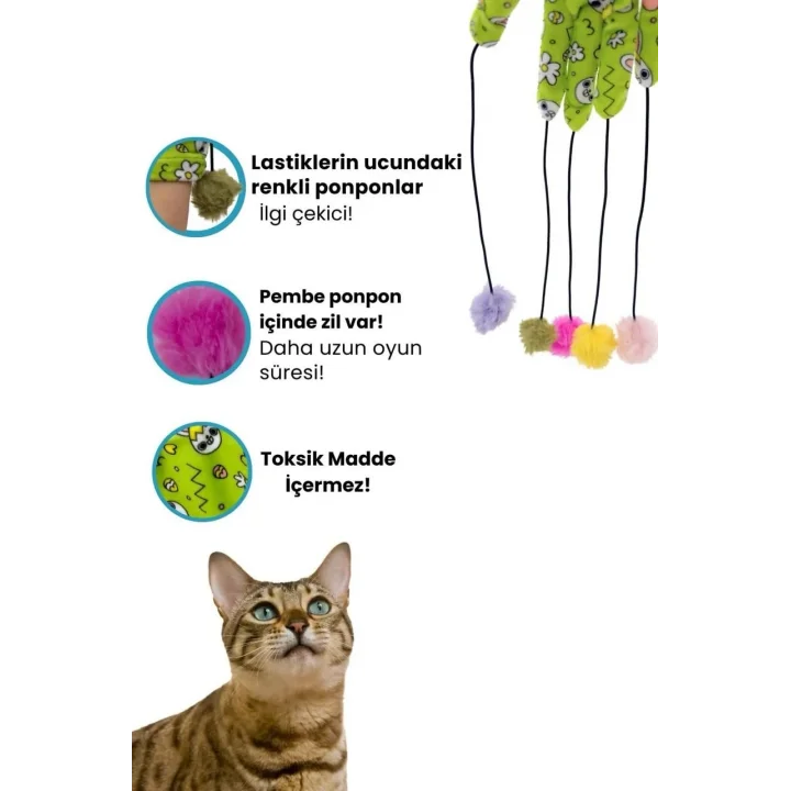 Miyav Sihirli Eldiven Ponponlu ve Elastik Kedi Oltası Çıngıraklı İpli Kedi Oyuncağı