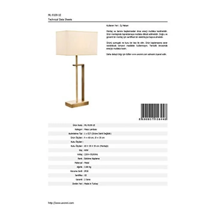 ML-9109-1E Eskitme Kaplama Masa Lambası, E27, Metal, 35cm