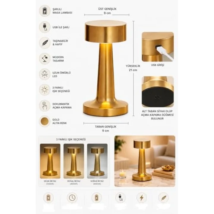 Modern Kablosuz Şarjlı Masa Lambası Dokunmatik Masa Lambası USB Şarjlı Dekoratif Taşınabilir Ortam Aydınlatma Mantar Masa Lambası Gold Altın Masa Lambası Masa Lambası Kamp Piknik Lambası