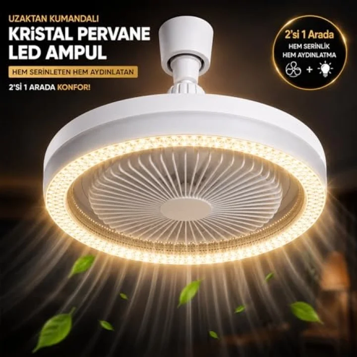 Modern Kristal Tasarım Lambalı Tavan Vantilatörü, Uzaktan Kumandalı, E27 Duy, Sessiz Fanlı Tavan Lambası, 3 Kademe Hız Ayarlı, 3 Renk LED Aydınlatmalı, Enerji Tasarruflu Fan, Zaman Ayarlı