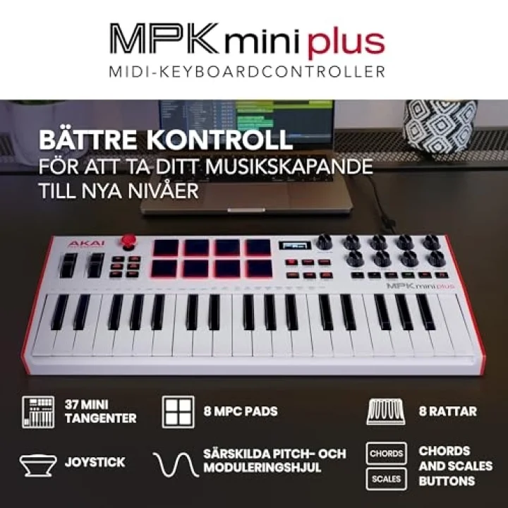 MPK Mini Plus - USB MIDI Klavye Controller, 37 Mini Tuş, 8 MPC Pedi, Sıralayıcı, MIDI/CV/Gate G/Ç, Müzik Prodüksiyon Yazılımı Dahil, Beyaz Sınırlı Sürüm