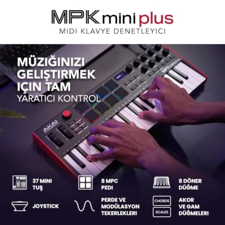 MPK Mini Plus USB MIDI Klavye Controller, 37 Mini Tuş, 8 MPC Pedi, Sıralayıcı, MIDI/CV/Gate G/Ç, Müzik Prodüksiyon Yazılımı Dahil