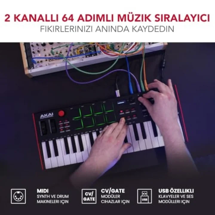 MPK Mini Plus USB MIDI Klavye Controller, 37 Mini Tuş, 8 MPC Pedi, Sıralayıcı, MIDI/CV/Gate G/Ç, Müzik Prodüksiyon Yazılımı Dahil