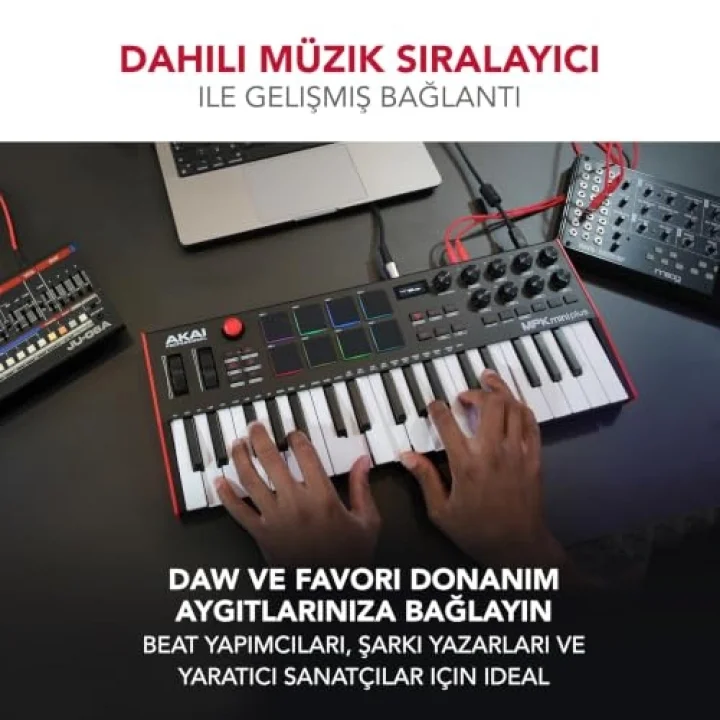 MPK Mini Plus USB MIDI Klavye Controller, 37 Mini Tuş, 8 MPC Pedi, Sıralayıcı, MIDI/CV/Gate G/Ç, Müzik Prodüksiyon Yazılımı Dahil