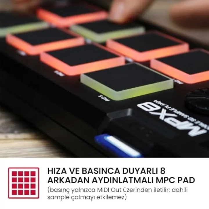MPX8 - Sample Pad Controller 8 Performansa Hazır Hıza Duyarlı Pedli, MIDI Bağlantısı ve Yerleşik SD Kart Yuvasına Sahip Taşınabilir Örnek, Siyah
