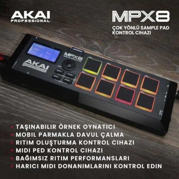 MPX8 - Sample Pad Controller 8 Performansa Hazır Hıza Duyarlı Pedli, MIDI Bağlantısı ve Yerleşik SD Kart Yuvasına Sahip Taşınabilir Örnek, Siyah