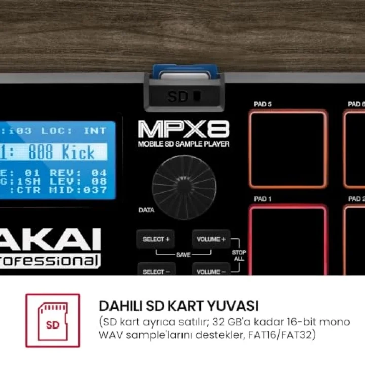 MPX8 - Sample Pad Controller 8 Performansa Hazır Hıza Duyarlı Pedli, MIDI Bağlantısı ve Yerleşik SD Kart Yuvasına Sahip Taşınabilir Örnek, Siyah