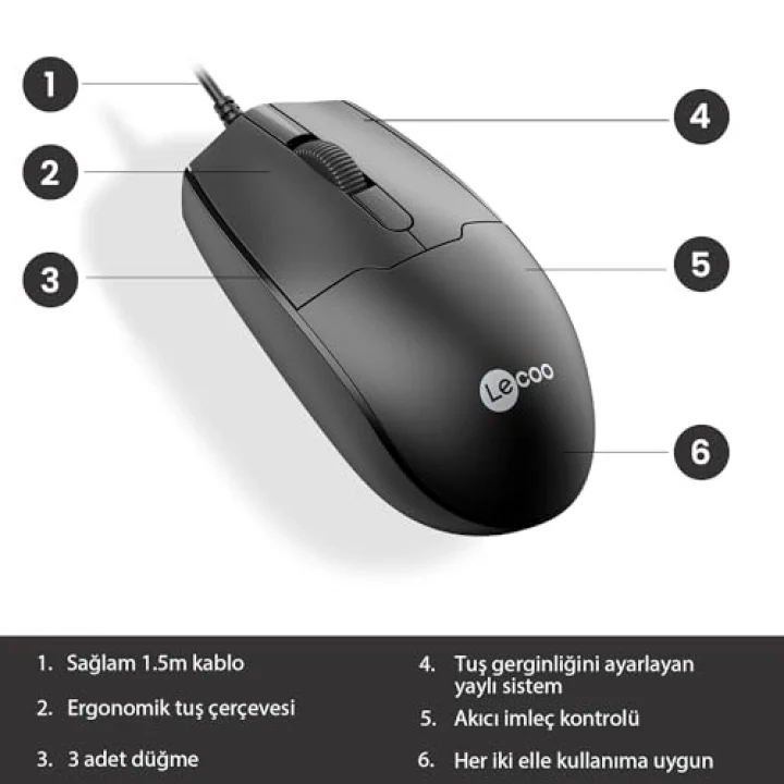 MS101 USB Kablolu 1200DPI 3 Tuşlu Optik Mouse - PC, Mac, Dizüstü Bilgisayar ile Uyumlu, Tak Çalıştır Kolay Bağlantı, Sağ ve Sol Elle Kullanıma Uygun, Kompakt Mouse Siyah