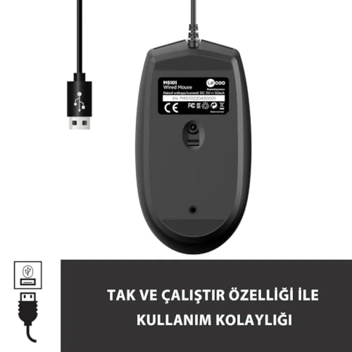 MS101 USB Kablolu 1200DPI 3 Tuşlu Optik Mouse - PC, Mac, Dizüstü Bilgisayar ile Uyumlu, Tak Çalıştır Kolay Bağlantı, Sağ ve Sol Elle Kullanıma Uygun, Kompakt Mouse Siyah