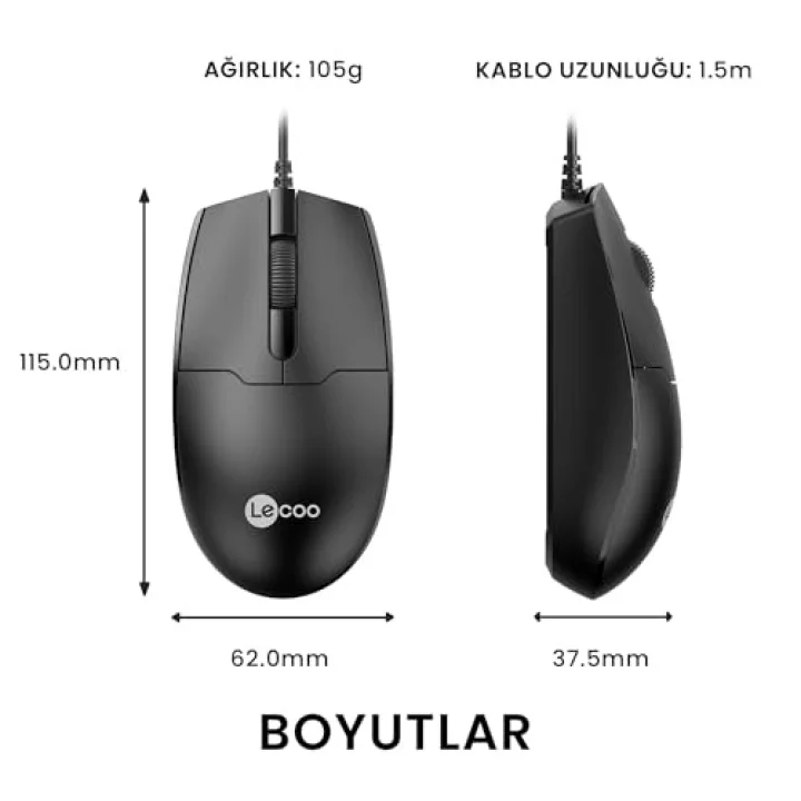 MS101 USB Kablolu 1200DPI 3 Tuşlu Optik Mouse - PC, Mac, Dizüstü Bilgisayar ile Uyumlu, Tak Çalıştır Kolay Bağlantı, Sağ ve Sol Elle Kullanıma Uygun, Kompakt Mouse Siyah