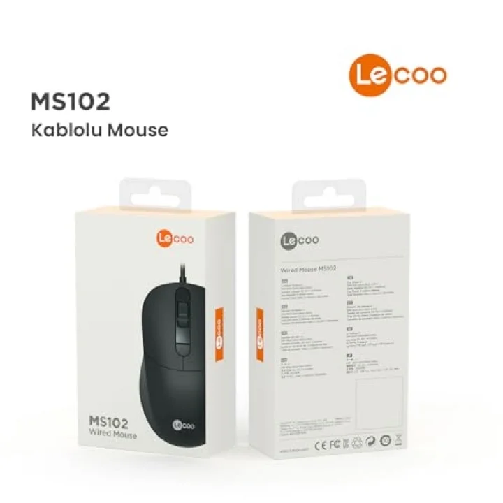 MS102 USB Kablolu 2400DPI 4 Tuşlu Mouse -Sessiz PC, Mac, Dizüstü Bilgisayar için, Windows, Linux ve Mac ile Uyumlu Sağ ve Sol Elle Kullanıma Uygun, 99gr Hafif Optik Mouse Siyah