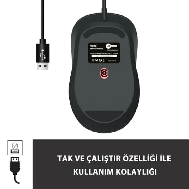 MS102 USB Kablolu 2400DPI 4 Tuşlu Mouse -Sessiz PC, Mac, Dizüstü Bilgisayar için, Windows, Linux ve Mac ile Uyumlu Sağ ve Sol Elle Kullanıma Uygun, 99gr Hafif Optik Mouse Siyah