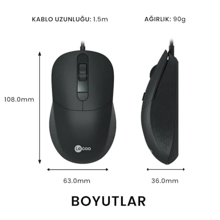 MS102 USB Kablolu 2400DPI 4 Tuşlu Mouse -Sessiz PC, Mac, Dizüstü Bilgisayar için, Windows, Linux ve Mac ile Uyumlu Sağ ve Sol Elle Kullanıma Uygun, 99gr Hafif Optik Mouse Siyah