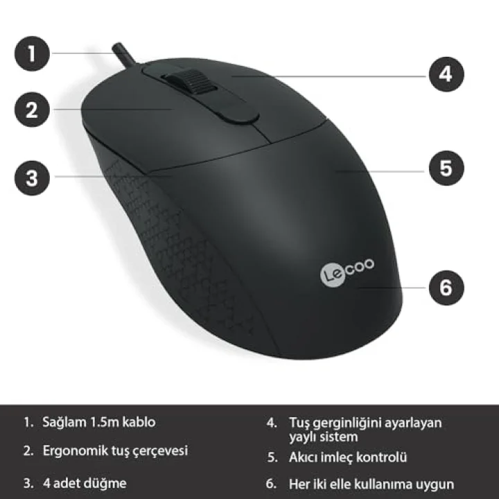 MS102 USB Kablolu 2400DPI 4 Tuşlu Mouse -Sessiz PC, Mac, Dizüstü Bilgisayar için, Windows, Linux ve Mac ile Uyumlu Sağ ve Sol Elle Kullanıma Uygun, 99gr Hafif Optik Mouse Siyah