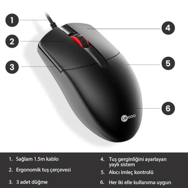 MS103 USB Kablolu 1000DPI 3 Tuşlu PC, Mac, Dizüstü Bilgisayar ile Uyumlu Optik Mouse Siyah