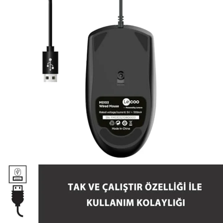 MS103 USB Kablolu 1000DPI 3 Tuşlu PC, Mac, Dizüstü Bilgisayar ile Uyumlu Optik Mouse Siyah