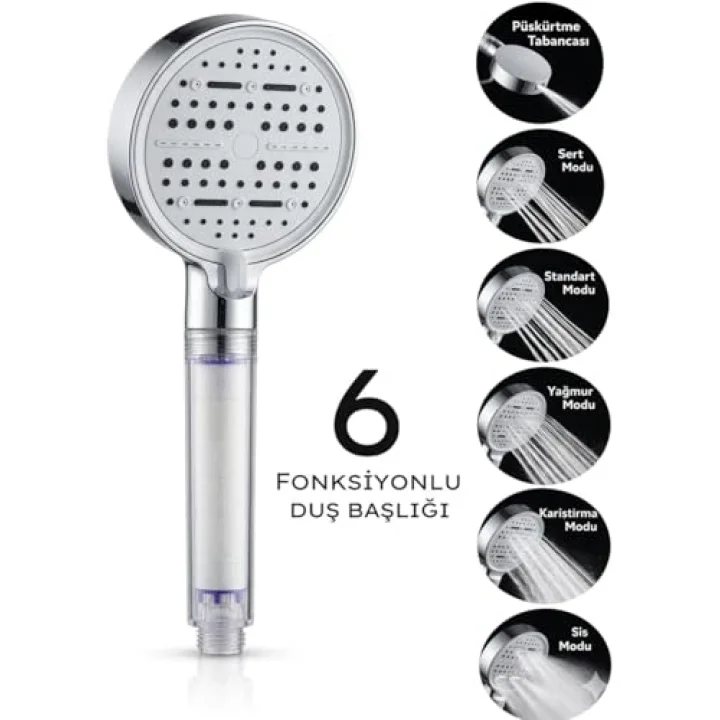 Multi 6 Fonksiyonlu Spa Etkili Filtreli Duş Başlığı Yüksek Basınçlı Su Tasarruflu Klor ve Kireç Önleyici El Duşu, Handshower (Art Deco)