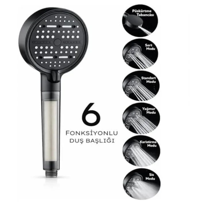 Multi 6 Fonksiyonlu Spa Etkili Filtreli Duş Başlığı Yüksek Basınçlı Su Tasarruflu Klor ve Kireç Önleyici El Duşu, Handshower