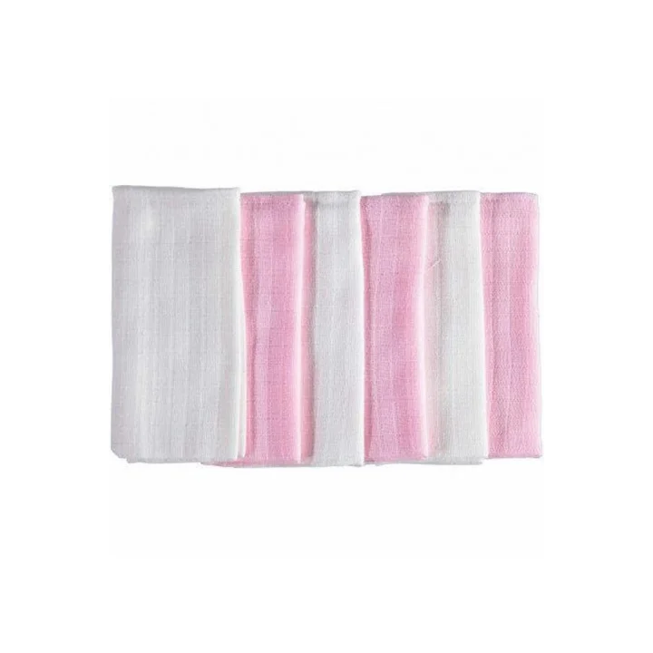 Müslin Kumaş Ağız Bezi 6lı Set, Pembe Beyaz