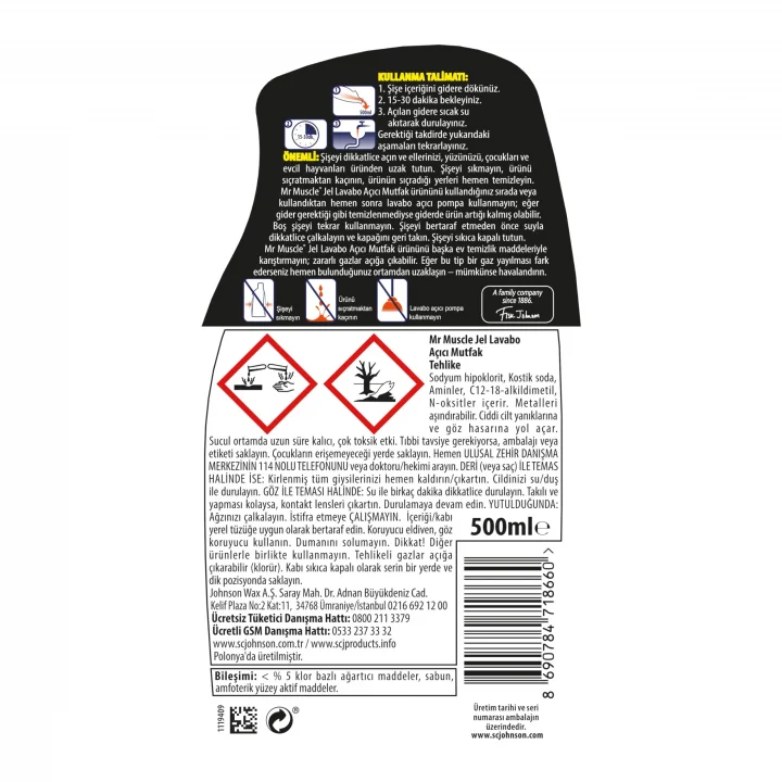 Mutfak için Jel Lavabo Açıcı 500 mL
