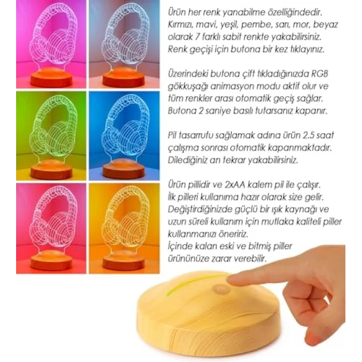 Müzisyen Hediyesi Kulaklık Şeklinde Kişiye Özel 3D Led Lamba