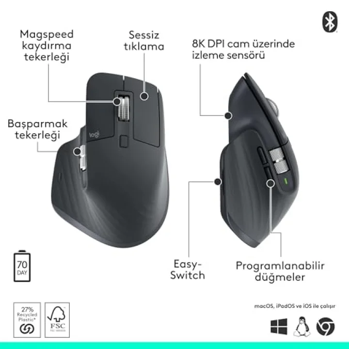 MX Master 3S Bluetooth Edition Performans Kablosuz Mouse, 8.000 DPI, Sessiz, Ergonomik, Ultra Hızlı Kaydırma, Çoklu Cihaz Özelliği, Bluetooth, Logi Bolt USB Alıcı, Siyah