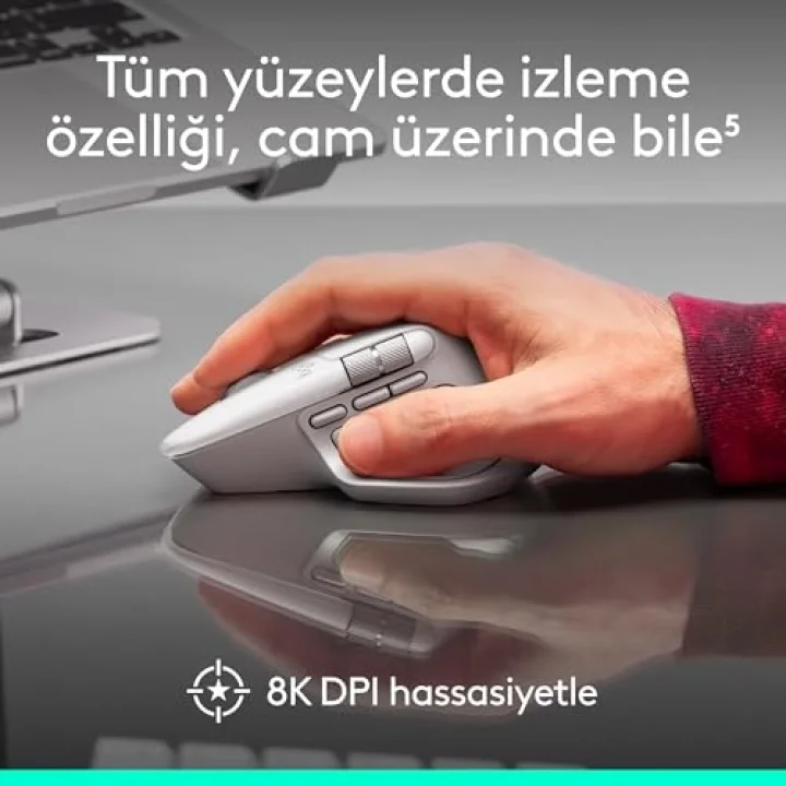 MX Master 4 Mac için Dokunsal Geri Bildirim Özellikli Kablosuz Mouse, Bluetooth, Ultra Hızlı Kaydırma, Çoklu Cihaz Özelliği, 8000 DPI, Optik Sensör, Sessiz, Açık Gri