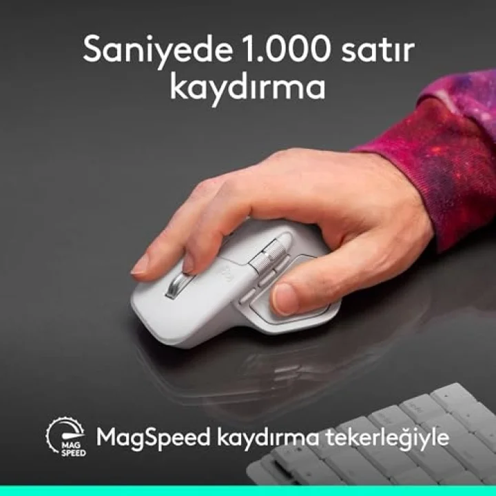 MX Master 4 Mac için Dokunsal Geri Bildirim Özellikli Kablosuz Mouse, Bluetooth, Ultra Hızlı Kaydırma, Çoklu Cihaz Özelliği, 8000 DPI, Optik Sensör, Sessiz, Açık Gri
