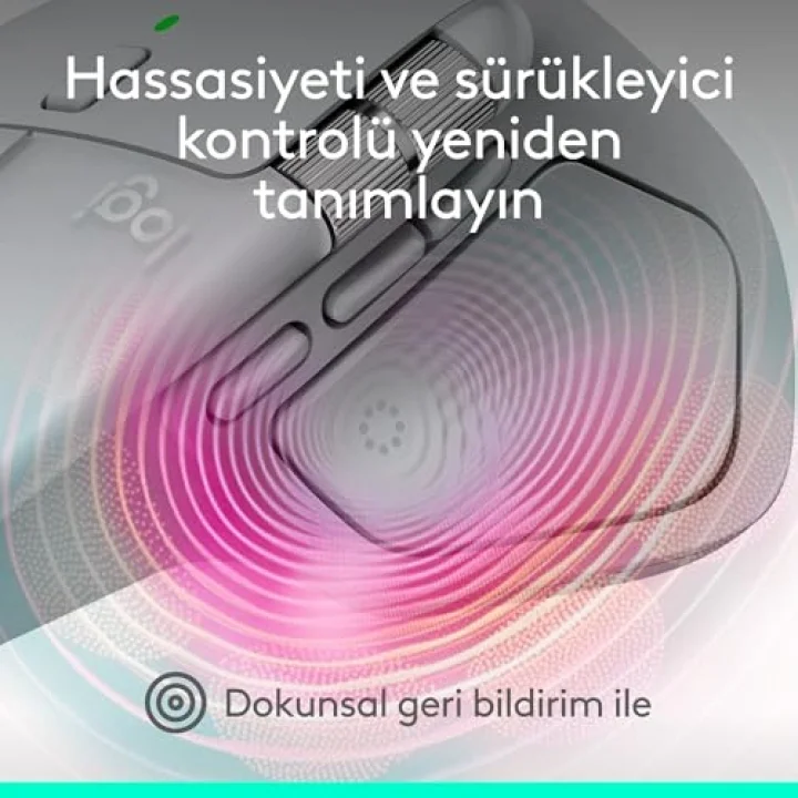 MX Master 4 Mac için Dokunsal Geri Bildirim Özellikli Kablosuz Mouse, Bluetooth, Ultra Hızlı Kaydırma, Çoklu Cihaz Özelliği, 8000 DPI, Optik Sensör, Sessiz, Açık Gri