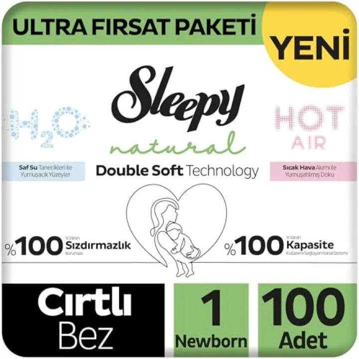 Natural Double Soft Ultra Fırsat Paketi Bebek Bezi 1 Numara Newborn 100 Adet