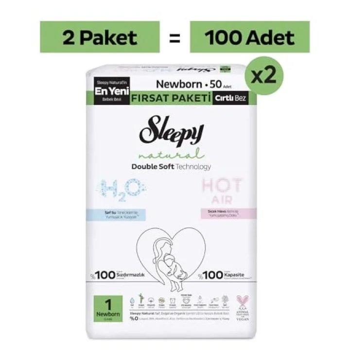 Natural Double Soft Ultra Fırsat Paketi Bebek Bezi 1 Numara Newborn 100 Adet