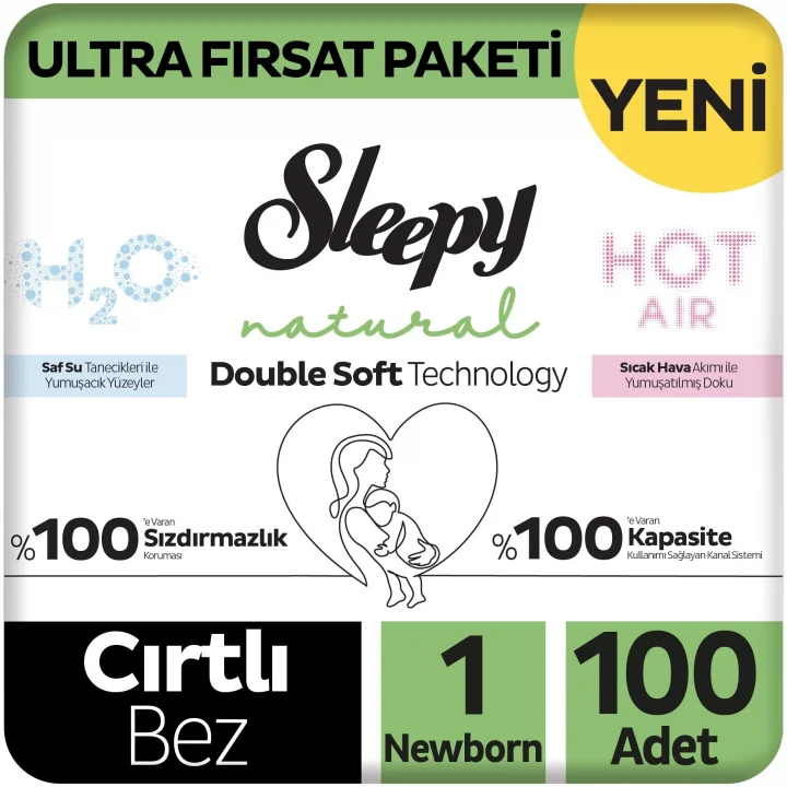 Natural Double Soft Ultra Fırsat Paketi Bebek Bezi 1 Numara Newborn 100 Adet