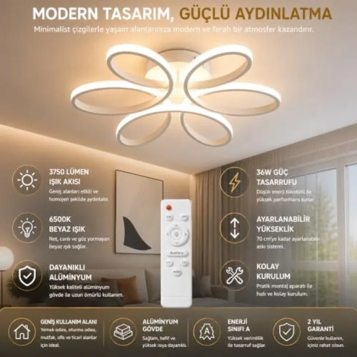 Nipul Beyaz Modern Plafonyer Avize, Kumandalı 3 Renk LED, 53 cm, 35-40 m² Aydınlatma, Dimmer Özellikli, Metal Gövde