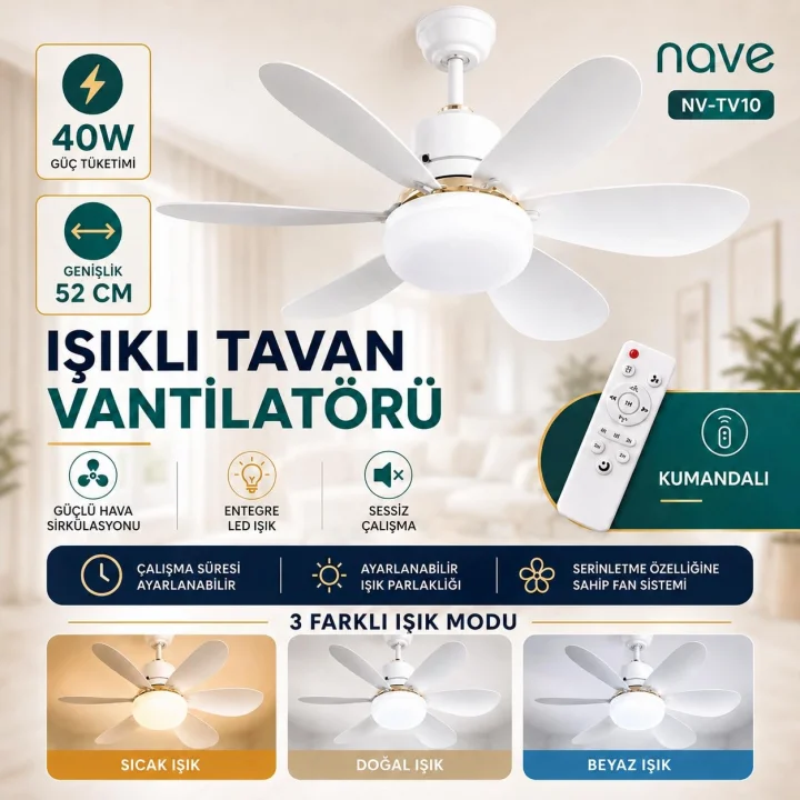 NV-TV10 IŞIKLI TAVAN VANTILATORU 6 KANAT