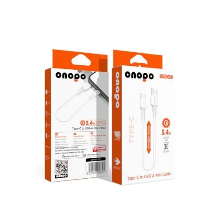 Onopo Android Uyumlu Type-C To USB Mini Kablo 3.4A Hızlı Şarj ve Data Kablosu 30cm - Q2 | 3.4A Hızlı Şarj | 480Mbps Veri Transferi | Kompakt Tasarım | 2 Yıl İthalatçı Garantisi
