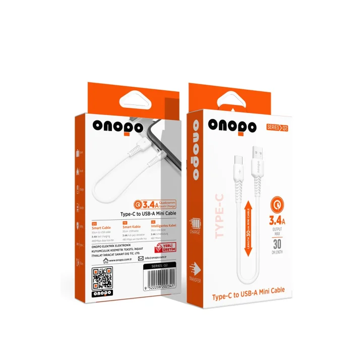Onopo Android Uyumlu Type-C To USB Mini Kablo 3.4A Hızlı Şarj ve Data Kablosu 30cm - Q2 | 3.4A Hızlı Şarj | 480Mbps Veri Transferi | Kompakt Tasarım | 2 Yıl İthalatçı Garantisi