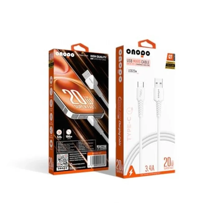 Onopo Android Xiaomi Uyumlu Type-C to USB 3.4A Hızlı Şarj ve Data Kablosu 1 Metre - Q7 | Beyaz Smart Kablo