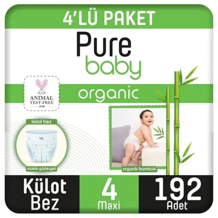 Organik Bambu Özlü Külot Bez 4Lü Paket 4 Numara Maxi 192 Adet