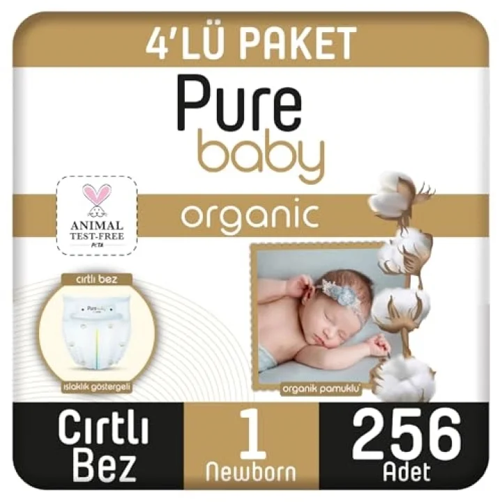 Organik Pamuklu Cırtlı Bez 4Lü Paket 1 Numara Yenidogan 256 Adet