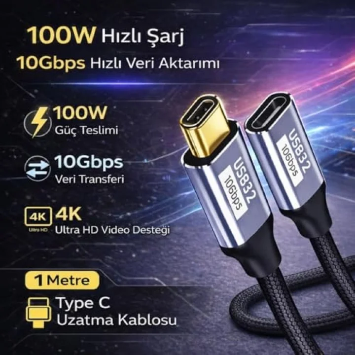 Örgü Kablo 1Mt Type-c Uzatma Kablosu 10Gbps Veri Ve Görüntü Aktarım 5A PD Hızlı Şarj Kablo